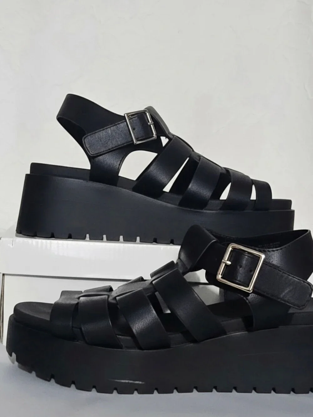 Women's Black Faux Leather Platform Sandals Rubber Soles Size 8.5